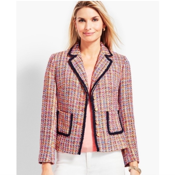 Talbots Contrast Trim Tweed Blazer Jacket Size 2p Pink Blue Nautical Office Work - Picture 1 of 9